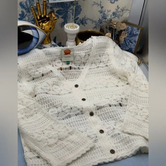 🆕 FARM Rio 🧿 NWOT White Crochet Button Up Cardigan Sweater, Sz S - Picture 12 of 15
